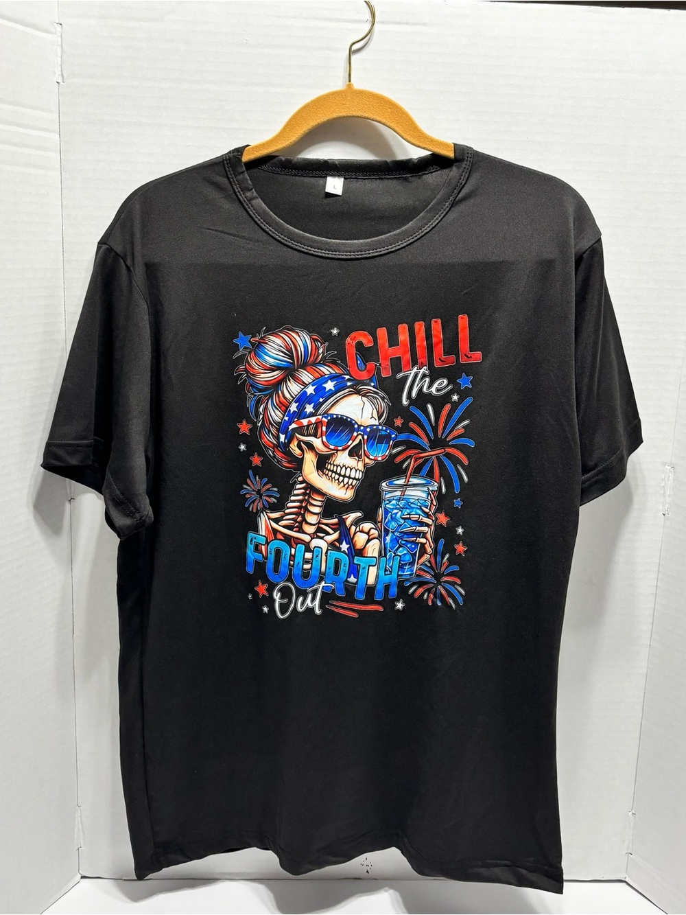 Chill the Fourth Out Graphic Tee - Black w/ Red, White & Blue size Large